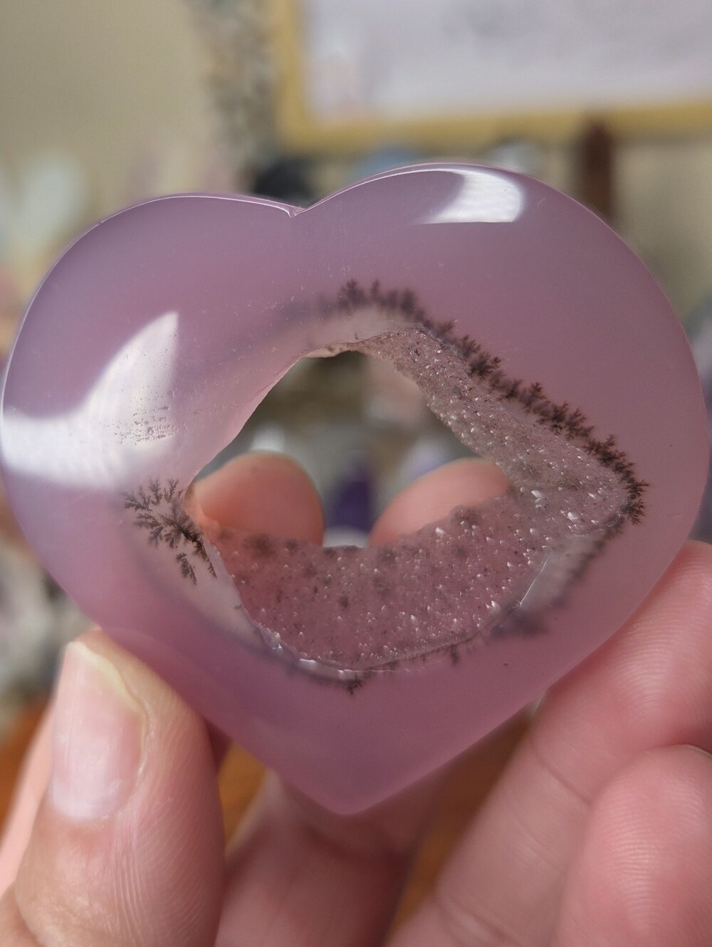 Pink Jelly agate hand carved heart With Druzy Pocket